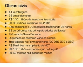 Obras civis
•   41 já entregues
•   26 em andamento
•   R$ 140 milhões de investimentos totais
•   R$ 30 milhões investidos em 2012
•   150 caminhões e 70 máquinas trabalhando 24 horas
•   29 aeródromos nas principais cidades do Estado
•   Reforma do Serra Dourada
•   Duplicação do contorno viário do estádio
•   Três viadutos na Perimetral Norte (GO-060, 070 e 080)
•   R$ 8 milhões na ampliação do HDT
•   R$ 130 milhões na construção do Hugo 2
•   R$ 60 milhões no Hospital da Mulher
 