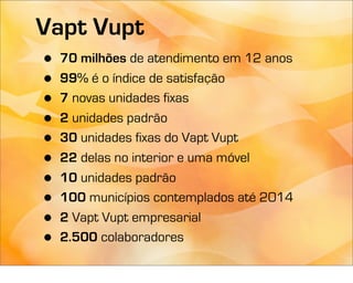 Vapt Vupt
 • 70 milhões de atendimento em 12 anos
 • 99% é o índice de satisfação
 • 7 novas unidades fixas
 • 2 unidades padrão
 • 30 unidades fixas do Vapt Vupt
 • 22 delas no interior e uma móvel
 • 10 unidades padrão
 • 100 municípios contemplados até 2014
 • 2 Vapt Vupt empresarial
 • 2.500 colaboradores
 