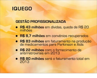 IQUEGO

 GESTÃO PROFISSIONALIZADA
 • R$ 43 milhões em dívidas, queda de R$ 20
   milhões
 • R$ 8,7 milhões em convênios recuperados
 • R$ 83 milhões em faturamento na produção
   de medicamentos para Parkinson e Aids
 • R$ 22 milhões com o fornecimento de
   antirretrovirais em 2013
 • R$ 80 milhões será o faturamento total em
   2013
 