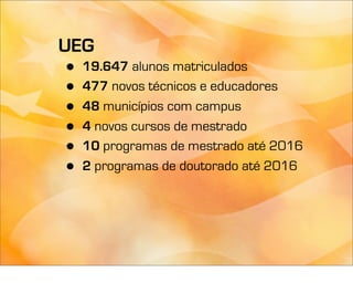 UEG
•   19.647 alunos matriculados
•   477 novos técnicos e educadores
•   48 municípios com campus
•   4 novos cursos de mestrado
•   10 programas de mestrado até 2016
•   2 programas de doutorado até 2016
 