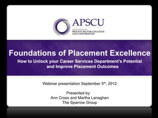 Foundations of Placement Excellence
  How to Unlock your Career Services Department’s Potential
              and Improve Placement Outcomes


             Webinar presentation September 5th, 2012

                         Presented by:
                 Ann Cross and Martha Lanaghen
                       The Sparrow Group
 