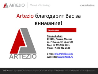 The art of technology                                                          www.artezio.ru




                     Artezio благодарит Вас за
                             внимание!
                                                                       Контакты

                                                                     Главный офис:
                                                                     119333, Россия, Москва
                                                                     Ул. Губкина, 3Г, офис 504
                                                                     Тел.: +7 495 981-0531
                                                                     Факс: +7 495 232-2683

                                                                     E-mail: info@artezio.com
                                                                     Web-site: www.artezio.ru




ООО «Артезио» Адрес: 119333, Россия, Москва, ул. Губкина, 3Г, офис 504 Телефон: +7 (495) 981-0531 Факс: +7 (495) 232-2683 E-mail: info@artezio.com
 