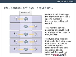 CAN YOU SPEAK MAGIC?


CALL CONTROL OPTIONS – SERVER ONLY

                            Without a soft phone app,
                            the application must use a
                            speciﬁc number to
                            intercept the call for call
                            control.

                            That number can be
                            published or unpublished
                            as a proxy such as used in
                            Google Voice.

                            The types of applications
                            that can be built with server
                            only -based call control
                            include IVR systems,
                            reminder outbound calls,
                            conference calling,
                            voicemail, fetch call
                            systems.
 