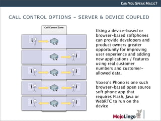 CAN YOU SPEAK MAGIC?


CALL CONTROL OPTIONS – SERVER & DEVICE COUPLED

                            Using a device-based or
                            browser-based softphones
                            can provide developers and
                            product owners greater
                            opportunity for improving
                            user experience and adding
                            new applications / features
                            using real customer
                            numbers and customer-
                            allowed data.

                            Voxeo’s Phono is one such
                            browser-based open source
                            soft phone app that
                            requires Flash, Java or
                            WebRTC to run on the
                            device
 