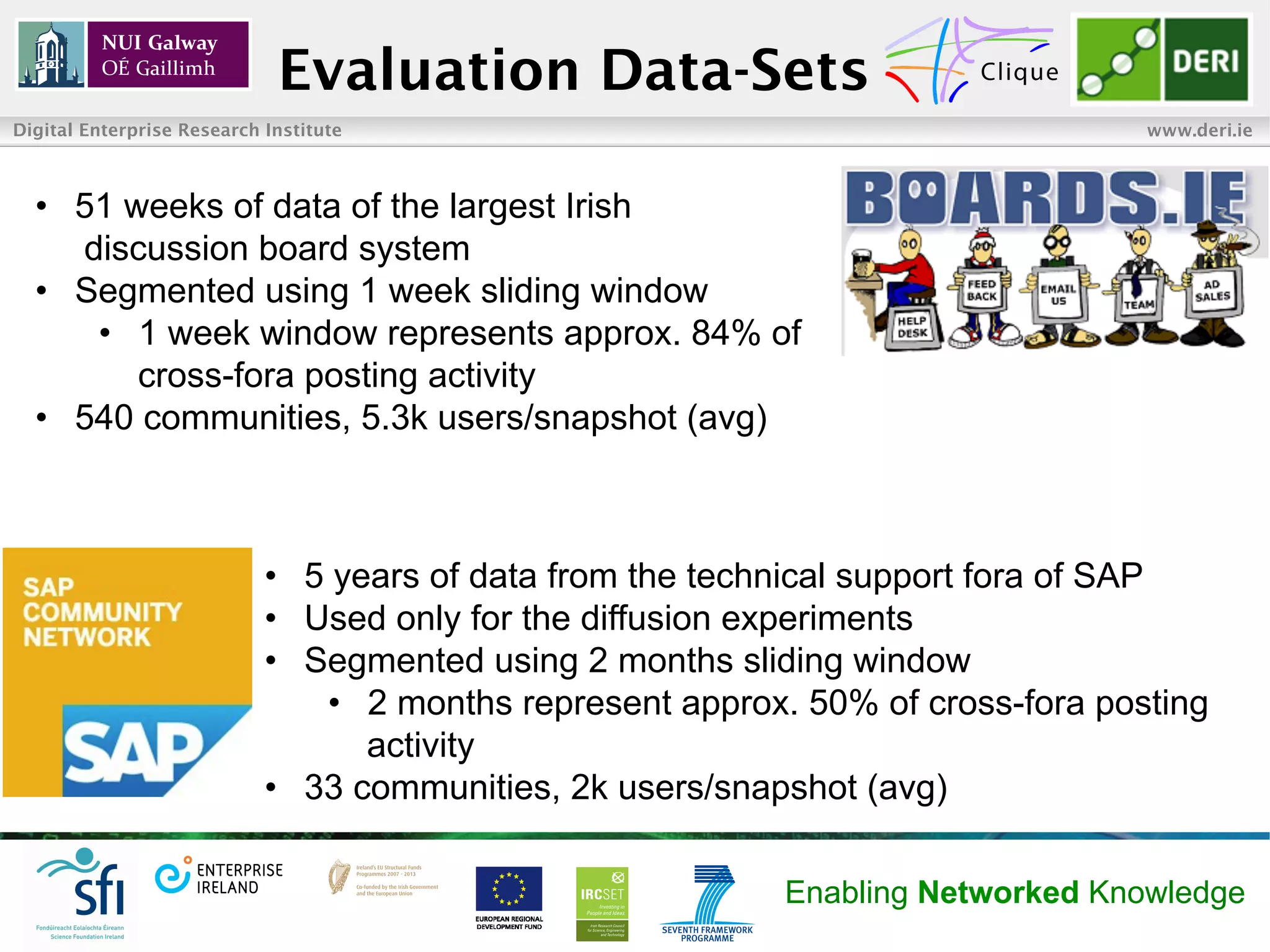 Evaluation Data-Sets
Digital Enterprise Research Institute                                              www.deri.ie



  •  51 weeks of data of the largest Irish
     discussion board system
  •  Segmented using 1 week sliding window
      •  1 week window represents approx. 84% of
         cross-fora posting activity
  •  540 communities, 5.3k users/snapshot (avg)



                            •  5 years of data from the technical support fora of SAP
                            •  Used only for the diffusion experiments
                            •  Segmented using 2 months sliding window
                                •  2 months represent approx. 50% of cross-fora posting
                                   activity
                            •  33 communities, 2k users/snapshot (avg)

                                                            Enabling Networked Knowledge
 