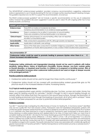 Pan Pacific Clinical Practice Guideline for the Prevention and Management of Pressure Injury
page 77
The NPUAP/EPUAP evidence-based guideline4
provided consensus recommendations suggesting cadexomer
iodine is appropriate to use in heavily exudating PIs that are not large-cavities requiring frequent dressing changes.
The guideline reported one non-RCT to support the recommendation. (Consensus)
The RNAO evidence-based guideline20
did not include a specific recommendation on the use of cadexomer
iodine; however the guideline discussion suggested it could be used in clean PIs with ongoing (after two to four
weeks) exudate. (Consensus)
NHMRC grading matrix
Evidence base Three RCTs on iodine at moderate risk of bias
Consensus recommendation in an evidence based guideline
C
Consistency There is consistency for an effect in promotion of wound healing.
There was consistency that bacterial burden is not reduced.
A
Clinical impact Positive clinical impact on wound healing, effect size not reported.
No effect on bacterial burden.
U
Generalisability Trials conducted in populations with PIs, although severity not reported. B
Applicability Applicable to all health care settings. A
Other factors None of the trials were conducted in Australian Indigenous populations, New Zealand Maori
populations or Pacific Island populations. It was unclear if trials included Asian populations.
Recommendation 37
Cadexomer iodine could be used to promote healing in pressure injuries when there is a
known increased microbial burden.
C
Caution
Cadexomer iodine ointments and impregnated dressings should not be used in patients with iodine
sensitivity, taking lithium, history of Hashimoto’s thyroiditis, Graves disease, non-toxic nodular goitre
or thyroid disorders, or impaired renal function, in children or in pregnant or lactating women. Risk of
systemic absorption increases when cadexomer iodine products are used on larger or deeper wounds
or for prolonged periods.4, 93
Practice points for iodine products
•	 Cadexomer iodine should not be used for longer than three months continuously.93
•	 Cadexomer iodine should not be covered with povidone-iodine soaked gauze/tulle gras as this
practice results in the increased release of iodine, increasing toxicity.
9.6.2 Topical medical grade honey
Honey is a supersaturated sugar solution containing glucose, fructose, sucrose and water. Honey has
been used for treating wounds for centuries.94
Honey is thought to aid in wound healing through an
osmotic effect that draws fluid from the wound to the wound tissue surface, through the promotion of
a moist healing environment and through the lowering of wound pH, all of which aid in autolysis.95
More
recently it has been proposed for use due to potential antibacterial properties.94
Evidence summary
Two SRs82, 94
reported trials investigating the effectiveness of honey for treating PIs. A Cochrane review94
identified
only one low quality RCT that met inclusion criteria. Participants were 40 hospitalised orthopaedic patients with
uninfected grade I (irregular partial thickness PI confined to epidermis and dermis) or II (full thickness) PIs of at least
2 cm in diameter who were restricted to a bed or wheelchair. Participants were randomised to receive either a
honey dressing or a saline soaked dressing, both applied daily for ten days. At three month follow up, mean time to
complete healing was 8.20 (SD 1.44) days for the honey treated group and 9.93 (SD 0.27) days in the control group.
This favoured the honey group (mean difference -1.73 days, 95% CI -2.73 to -1.09, p=not reported).94
In a second
review a different low quality trial that investigated honey compared to ethoxydiaminoacridine and nitrofurazone
was reported. The trial was conducted over up to 13 weeks with adult participants (n=26) in acute care who had
PIs classified as stage II or III in severity. The results indicated that honey was associated with a statistically significant
greater improvement in PI severity (p<0.001).82
Neither trial reported on antimicrobial outcomes or adverse events.82,
94
(Level II evidence)
 