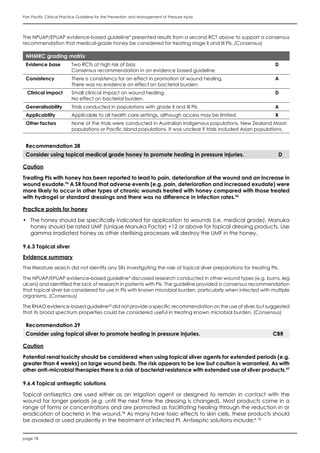 page 78
Pan Pacific Clinical Practice Guideline for the Prevention and Management of Pressure Injury
The NPUAP/EPUAP evidence-based guideline4
presented results from a second RCT above to support a consensus
recommendation that medical-grade honey be considered for treating stage II and III PIs. (Consensus)
NHMRC grading matrix
Evidence base Two RCTs at high risk of bias
Consensus recommendation in an evidence based guideline
D
Consistency There is consistency for an effect in promotion of wound healing.
There was no evidence on effect on bacterial burden.
A
Clinical impact Small clinical impact on wound healing.
No effect on bacterial burden.
D
Generalisability Trials conducted in populations with grade II and III PIs. A
Applicability Applicable to all health care settings, although access may be limited. B
Other factors None of the trials were conducted in Australian Indigenous populations, New Zealand Maori
populations or Pacific Island populations. It was unclear if trials included Asian populations.
Recommendation 38
Consider using topical medical grade honey to promote healing in pressure injuries. D
Caution
Treating PIs with honey has been reported to lead to pain, deterioration of the wound and an increase in
wound exudate.96
A SR found that adverse events (e.g. pain, deterioration and increased exudate) were
more likely to occur in other types of chronic wounds treated with honey compared with those treated
with hydrogel or standard dressings and there was no difference in infection rates.96
Practice points for honey
•	 The honey should be specifically indicated for application to wounds (i.e. medical grade). Manuka
honey should be rated UMF (Unique Manuka Factor) +12 or above for topical dressing products. Use
gamma irradiated honey as other sterilising processes will destroy the UMF in the honey.
9.6.3 Topical silver
Evidence summary
The literature search did not identify any SRs investigating the role of topical silver preparations for treating PIs.
The NPUAP/EPUAP evidence-based guideline4
discussed research conducted in other wound types (e.g. burns, leg
ulcers) and identified the lack of research in patients with PIs. The guideline provided a consensus recommendation
that topical silver be considered for use in PIs with known microbial burden, particularly when infected with multiple
organisms. (Consensus)
The RNAO evidence-based guideline20
did not provide a specific recommendation on the use of silver, but suggested
that its broad spectrum properties could be considered useful in treating known microbial burden. (Consensus)
Recommendation 39
Consider using topical silver to promote healing in pressure injuries. CBR
Caution
Potential renal toxicity should be considered when using topical silver agents for extended periods (e.g.
greater than 4 weeks) on large wound beds. The risk appears to be low but caution is warranted. As with
other anti-microbial therapies there is a risk of bacterial resistance with extended use of silver products.97
9.6.4 Topical antiseptic solutions
Topical antiseptics are used either as an irrigation agent or designed to remain in contact with the
wound for longer periods (e.g. until the next time the dressing is changed). Most products come in a
range of forms or concentrations and are promoted as facilitating healing through the reduction in or
eradication of bacteria in the wound.98
As many have toxic effects to skin cells, these products should
be avoided or used prudently in the treatment of infected PI. Antiseptic solutions include:4, 20
 