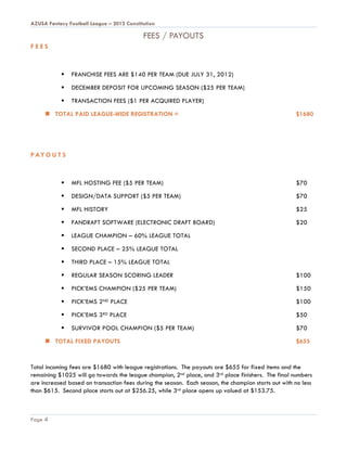 AZUSA Fantasy Football League – 2012 Constitution

                                            FEES / PAYOUTS
FEES



               FRANCHISE FEES ARE $140 PER TEAM (DUE JULY 31, 2012)

               DECEMBER DEPOSIT FOR UPCOMING SEASON ($25 PER TEAM)

               TRANSACTION FEES ($1 PER ACQUIRED PLAYER)

      TOTAL PAID LEAGUE-WIDE REGISTRATION =                                                         $1680




P AY O U T S



               MFL HOSTING FEE ($5 PER TEAM)                                                        $70

               DESIGN/DATA SUPPORT ($5 PER TEAM)                                                    $70

               MFL HISTORY                                                                          $25

               FANDRAFT SOFTWARE (ELECTRONIC DRAFT BOARD)                                           $20

               LEAGUE CHAMPION – 60% LEAGUE TOTAL

               SECOND PLACE – 25% LEAGUE TOTAL

               THIRD PLACE – 15% LEAGUE TOTAL

               REGULAR SEASON SCORING LEADER                                                        $100

               PICK’EMS CHAMPION ($25 PER TEAM)                                                     $150

               PICK’EMS 2ND PLACE                                                                   $100

               PICK’EMS 3RD PLACE                                                                   $50

               SURVIVOR POOL CHAMPION ($5 PER TEAM)                                                 $70

      TOTAL FIXED PAYOUTS                                                                           $655


Total incoming fees are $1680 with league registrations. The payouts are $655 for fixed items and the
remaining $1025 will go towards the league champion, 2nd place, and 3rd place finishers. The final numbers
are increased based on transaction fees during the season. Each season, the champion starts out with no less
than $615. Second place starts out at $256.25, while 3rd place opens up valued at $153.75.



Page 4
 