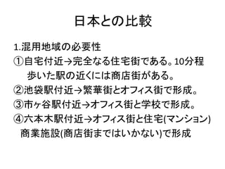 日本との比較
1.混用地域の必要性
①自宅付近→完全なる住宅街である。10分程
   歩いた駅の近くには商店街がある。
②池袋駅付近→繁華街とオフィス街で形成。
③市ヶ谷駅付近→オフィス街と学校で形成。
④六本木駅付近→オフィス街と住宅(マンション)
  商業施設(商店街まではいかない)で形成
 