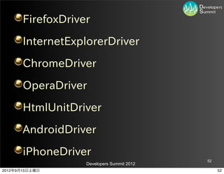FirefoxDriver
       InternetExplorerDriver
       ChromeDriver
       OperaDriver
       HtmlUnitDriver
       AndroidDriver
       iPhoneDriver
                                            52
                   Developers Summit 2012
2012年9月15日土曜日                                    52
 