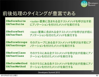 前後処理のタイミングが豊富である
   @BeforeSuite   <suite>要素に含まれる全テストメソッドを呼び出す前
   @AfterSuite    にアノテーションを付けたメソッドを実行する

   @BeforeTest    <test>要素に含まれる全テストメソッドを呼び出す前に
   @AfterTest     アノテーションを付けたメソッドを実行する

   @BeforeGroups そのグループにある全テストメソッドを呼び出す前にア
   @AfterGroups  ノテーションを付けたメソッドを実行する

   @BeforeClass   そのクラスにある全テストメソッドを呼び出す前後にアノ
   @AfterClass    テーションを付けたメソッドを実行する

   @BeforeMethod そのクラスにある各テストメソッドを呼び出す前後にアノ
   @AfterMethod  テーションを付けたメソッドを実行する
                                                 93
                     Developers Summit 2012
2012年9月15日土曜日                                         93
 