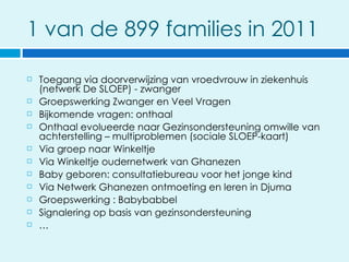 1 van de 899 families in 2011

   Toegang via doorverwijzing van vroedvrouw in ziekenhuis
    (netwerk De SLOEP) - zwanger
   Groepswerking Zwanger en Veel Vragen
   Bijkomende vragen: onthaal
   Onthaal evolueerde naar Gezinsondersteuning omwille van
    achterstelling – multiproblemen (sociale SLOEP-kaart)
   Via groep naar Winkeltje
   Via Winkeltje oudernetwerk van Ghanezen
   Baby geboren: consultatiebureau voor het jonge kind
   Via Netwerk Ghanezen ontmoeting en leren in Djuma
   Groepswerking : Babybabbel
   Signalering op basis van gezinsondersteuning
   …
 