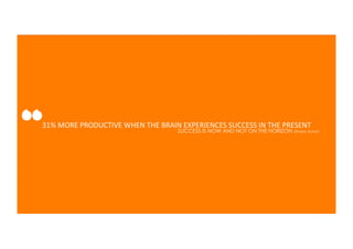 “
31%	
  MORE	
  PRODUCTIVE	
  WHEN	
  THE	
  BRAIN	
  EXPERIENCES	
  SUCCESS	
  IN	
  THE	
  PRESENT	
  
                                                   SUCCESS IS NOW AND NOT ON THE HORIZON (Shawn Achor)
 