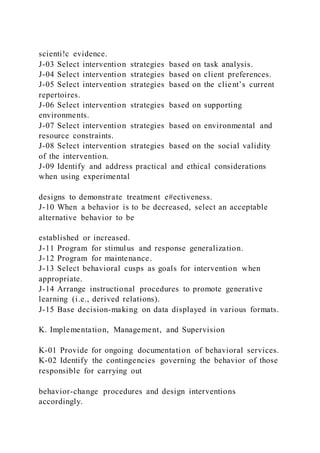 scienti!c evidence.
J-03 Select intervention strategies based on task analysis.
J-04 Select intervention strategies based on client preferences.
J-05 Select intervention strategies based on the client’s current
repertoires.
J-06 Select intervention strategies based on supporting
environments.
J-07 Select intervention strategies based on environmental and
resource constraints.
J-08 Select intervention strategies based on the social validity
of the intervention.
J-09 Identify and address practical and ethical considerations
when using experimental
designs to demonstrate treatment e#ectiveness.
J-10 When a behavior is to be decreased, select an acceptable
alternative behavior to be
established or increased.
J-11 Program for stimulus and response generalization.
J-12 Program for maintenance.
J-13 Select behavioral cusps as goals for intervention when
appropriate.
J-14 Arrange instructional procedures to promote generative
learning (i.e., derived relations).
J-15 Base decision-making on data displayed in various formats.
K. Implementation, Management, and Supervision
K-01 Provide for ongoing documentation of behavioral services.
K-02 Identify the contingencies governing the behavior of those
responsible for carrying out
behavior-change procedures and design interventions
accordingly.
 