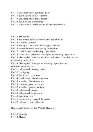 FK-17 unconditioned reinforcement
FK-18 conditioned reinforcement
FK-19 unconditioned punishment
FK-20 conditioned punishment
FK-21 schedules of reinforcement and punishment
FK-22 extinction
FK-23 automatic reinforcement and punishment
FK-24 stimulus control
FK-25 multiple functions of a single stimulus
FK-26 unconditioned motivating operations
FK-27 conditioned motivating operations
FK-28 transitive, re$exive, surrogate motivating operations
FK-29 distinguish between the discriminative stimulus and the
motivating operation
FK-30 distinguish between motivating operation and
reinforcement e#ects
FK-31 behavioral contingencies
FK-32 contiguity
FK-33 functional relations
FK-34 conditional discriminations
FK-35 stimulus discrimination
FK-36 response generalization
FK-37 stimulus generalization
FK-38 behavioral contrast
FK-39 behavioral momentum
FK-40 matching law
FK-41 contingency-shaped behavior
FK-42 rule-governed behavior
Distinguish between the Verbal Operants
FK-43 Echoics
FK-44 Mands
 