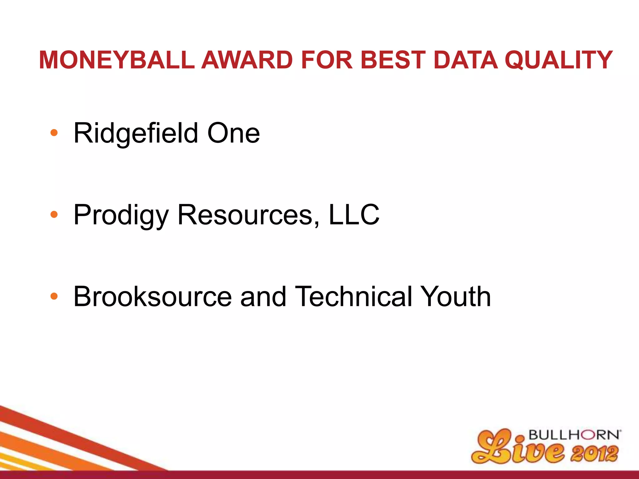 MONEYBALL AWARD FOR BEST DATA QUALITY

• Ridgefield One

• Prodigy Resources, LLC

• Brooksource and Technical Youth
 
