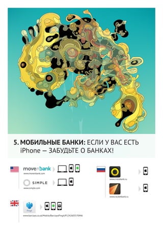МОБИЛЬНЫЕ БАНКИ: ЕСЛИ У ВАС ЕСТЬ
iPhone — ЗАБУДЬТЕ О БАНКАХ!
www.instabank.ru
www.rocketbank.ru
www.movenbank.com
www.barclays.co.uk/Mobile/BarclaysPingit/P1242603570446
www.simple.com
5.
 