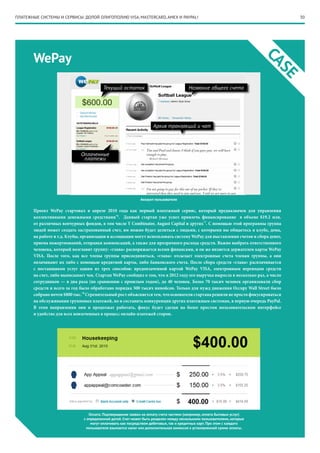 30
WePay
CASE
Аккаунт пользователя
Оплата. Подтверждение заявки на оплату счета частями (например, оплата бытовых услуг)
с определенной датой. Счет может быть разделен между несколькими пользователями, которые
могут оплачивать как посредством дебетовых, так и кредитных карт. При этом с каждого
пользователя взымается налог или дополнительная комиссия к установленной сумме оплаты.
Проект WePay стартовал в апреле 2010 года как первый платежный сервис, который предназначен для управления
коллективными денежными средствами*6
. Данный стартап уже успел привлечь финансирование в объеме $19.2 млн.
от различных венчурных фондов, в том числе Y Combinator, August Capital и других*7
. С помощью этой программы группа
людей может создать застрахованный счет, им можно будет делиться с людьми, с которыми вы общаетесь в клубе, дома,
на работе и т.д. Клубы, организации и ассоциации могут использовать систему WePay для выставления счетов и сбора денег,
приема пожертвований, отправки компенсаций, а также для прозрачного расхода средств. Важно выбрать ответственного
человека, который возглавит группу: «глава» распоряжается всеми финансами, и он же является держателем карты WePay
VISA. После того, как все члены группы присоединяться, «глава» отсылает электронные счета членам группы, а они
оплачивают их либо с помощью кредитной карты, либо банковского счета. После сбора средств «глава» расплачивается
с поставщиком услуг одним из трех способов: предоплаченной картой WePay VISA, электронным переводом средств
на счет, либо выписывает чек. Стартап WePay сообщил о том, что в 2012 году его выручка выросла в несколько раз, а число
сотрудников — в два раза (по сравнению с прошлым годом), до 40 человек. Более 70 тысяч человек организовали сбор
средств и всего за год было обработано порядка 500 тысяч инвойсов. Только для нужд движения Occupy Wall Street было
собрано почти $800 тыс.*8
Стремительный рост объясняется тем, что основатели стартапа решили не просто фокусироваться
на обслуживании групповых платежей, но и составить конкуренции других платежным системам, в первую очередь PayPal.
В этом направлении они и продолжат работать, фокус будет сделан на более простом пользовательском интерфейсе
и удобстве для всех вовлеченных в процесс онлайн-платежей сторон.
Текущий остаток Название общего счета
Архив транзакций и чат
Оплаченные
платежи
ПЛАТЕЖНЫЕ СИСТЕМЫ И СЕРВИСЫ: ДОЛОЙ ОЛИГОПОЛИЮ VISA, MASTERCARD, AMEX И PAYPAL!
 
