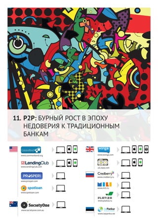 47
P2P: БУРНЫЙ РОСТ В ЭПОХУ
НЕДОВЕРИЯ К ТРАДИЦИОННЫМ
БАНКАМ
www.commonbond.org
www.lendingclub.com
www.prosper.com
www.spotloan.com
11.
www.societyone.com.au
www.platiza.ru
www.isepankur.ee
uk.zopa.com
www.wonga.com
www.credberry.ru
www.mili.ru
 