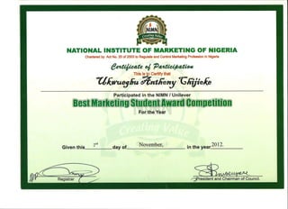 2012 best marketing student in nigeria participation certificate