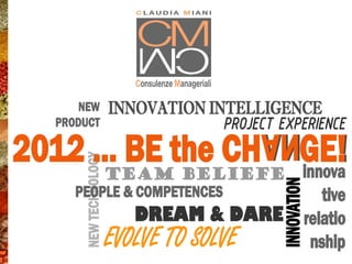 NEW              INNOVATION INTELLIGENCE
   PRODUCT                           PROJECT EXPERIENCE
2012 … BE the CH GE!
       NEW TECHNOLOGY




     TEAM BELIEFE innova




                                              INNOVATION
      PEOPLE & COMPETENCES                                    tive
                           DREAM & DARE                    relatio
                        EVOLVE TO SOLVE                     nship
 