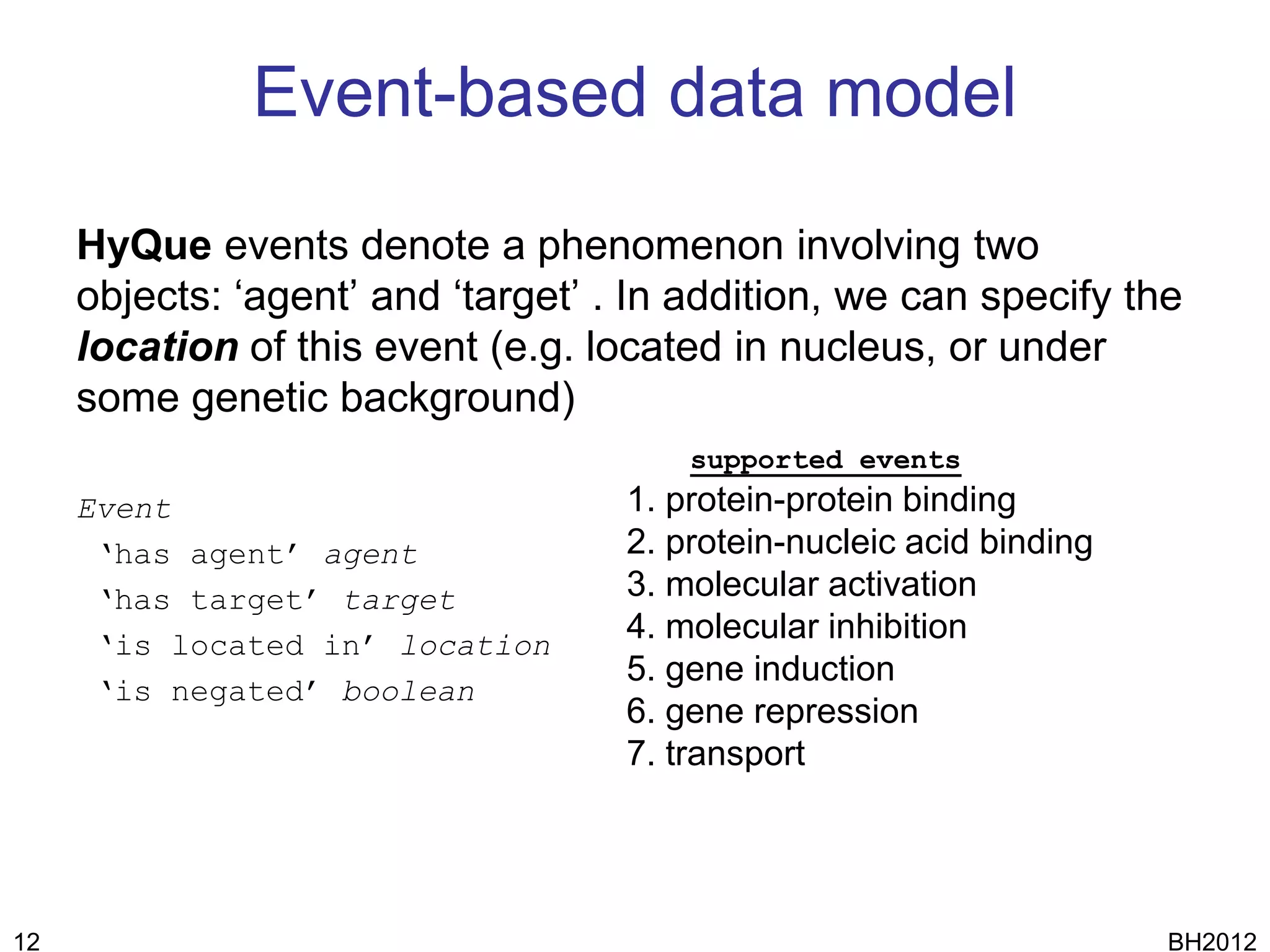 Event-based data model

     HyQue events denote a phenomenon involving two
     objects: ‘agent’ and ‘target’ . In addition, we can specify the
     location of this event (e.g. located in nucleus, or under
     some genetic background)
                                        supported events
     Event                          1. protein-protein binding
      ‘has agent’ agent             2. protein-nucleic acid binding
      ‘has target’ target           3. molecular activation
      ‘is located in’ location
                                    4. molecular inhibition
                                    5. gene induction
      ‘is negated’ boolean
                                    6. gene repression
                                    7. transport




12                                                                    BH2012
 