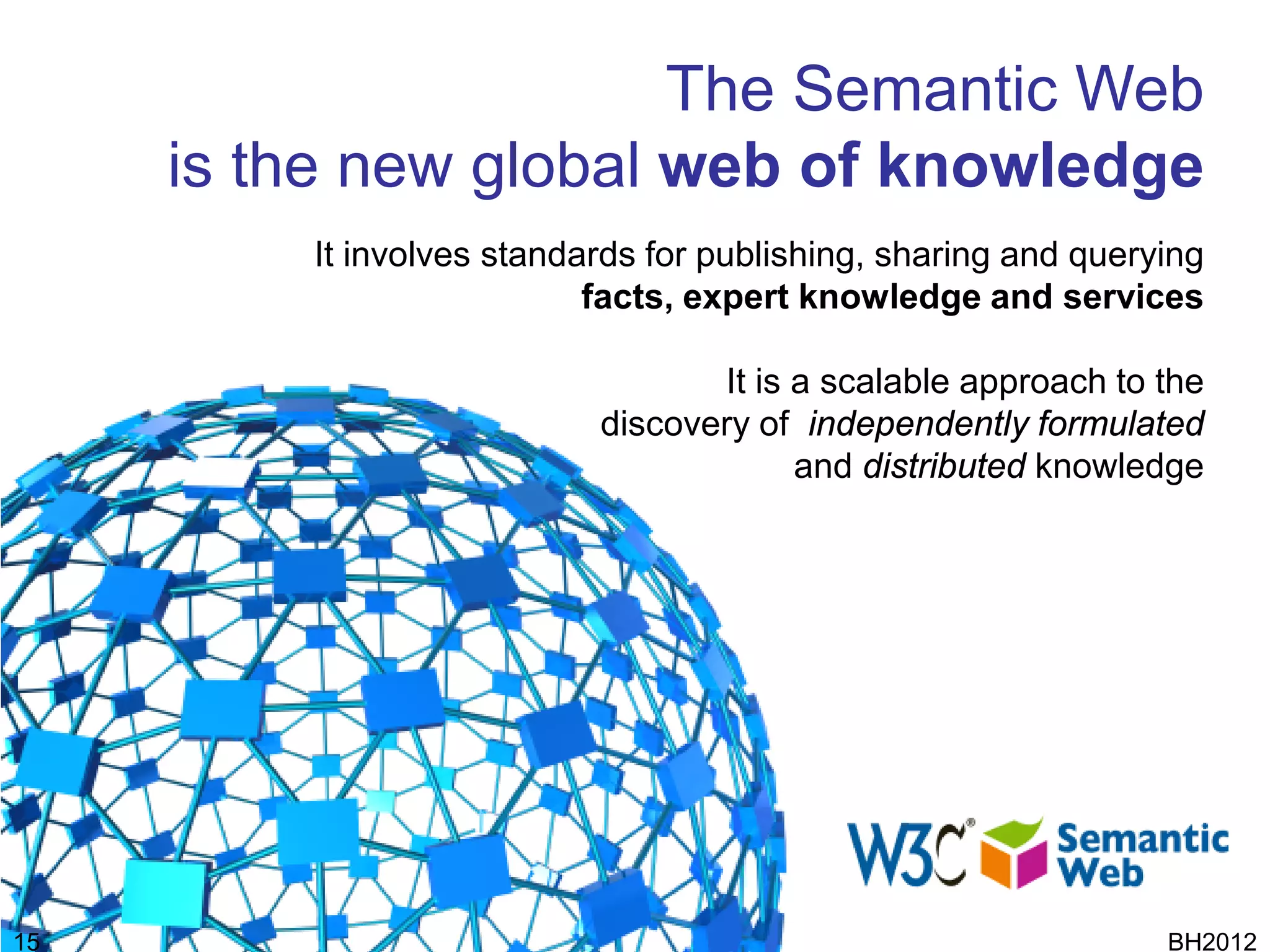 The Semantic Web
     is the new global web of knowledge
         It involves standards for publishing, sharing and querying
                           facts, expert knowledge and services

                                  It is a scalable approach to the
                           discovery of independently formulated
                                        and distributed knowledge




15                                                              BH2012
 
