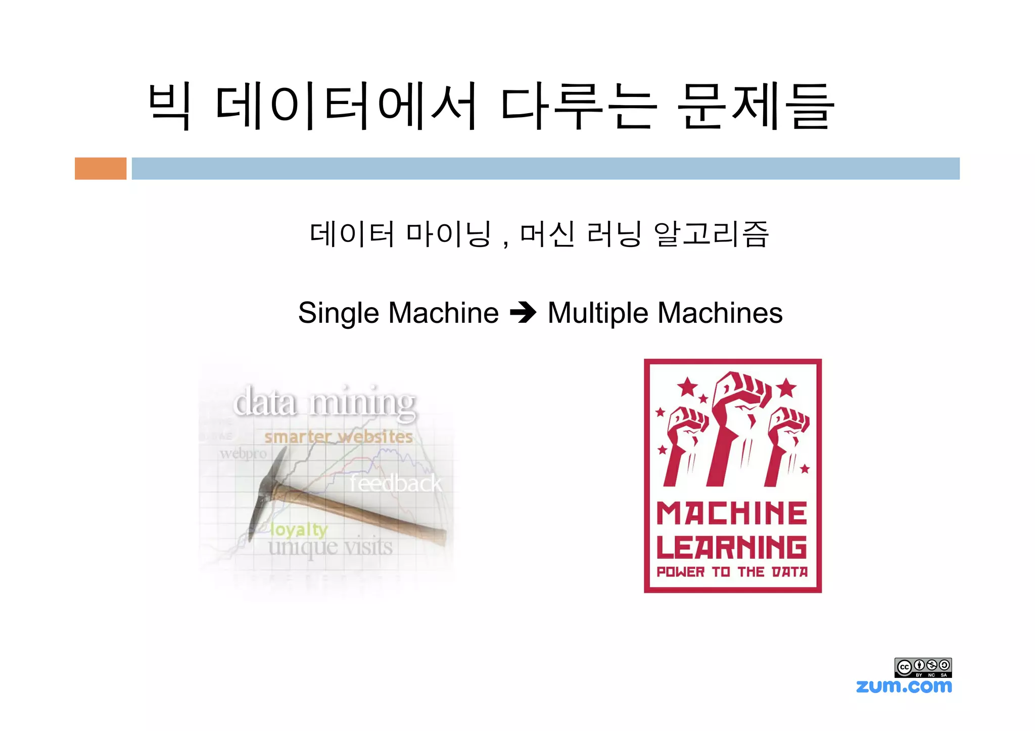 빅 데이터에서 다루는 문제들

   데이터 마이닝 , 머신 러닝 알고리즘

   Single Machine è Multiple Machines
 