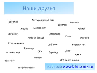 Наши друзья
                            Аккумуляторный рай
   Евромед                                                     Мегафон
                                                    Вавилон
                Яндекс       Маяковский                               Космос

  Континент                                Атлантида
                                                           Ритм
                         Красная звезда                                  Окунево

   Курочка рядом
                                          СибГУФК                 Энерджи зон
                   Тревелерс
                                 СКК                      Океан
 Кит-интерьер                             Евромед
                                                                     ОмГУ
                              Монель
Провиант                                               ЛЕД видео юнион


             Театр Гончарука              набирай www.biletomsk.ru
 