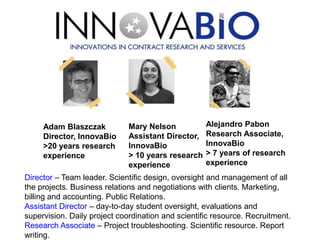 Adam Blaszczak           Mary Nelson           Alejandro Pabon
     Director, InnovaBio      Assistant Director,   Research Associate,
     >20 years research       InnovaBio             InnovaBio
     experience               > 10 years research   > 7 years of research
                              experience            experience
Director – Team leader. Scientific design, oversight and management of all
the projects. Business relations and negotiations with clients. Marketing,
billing and accounting. Public Relations.
Assistant Director – day-to-day student oversight, evaluations and
supervision. Daily project coordination and scientific resource. Recruitment.
Research Associate – Project troubleshooting. Scientific resource. Report
writing.
 