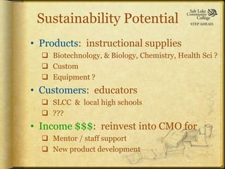 Sustainability Potential
• Products: instructional supplies
   Biotechnology, & Biology, Chemistry, Health Sci ?
   Custom
   Equipment ?
• Customers: educators
   SLCC & local high schools
   ???
• Income $$$: reinvest into CMO for
   Mentor / staff support
   New product development
 