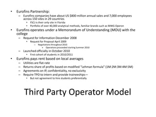 •   Eurofins Partnership:
     – Eurofins companies have about US $800 million annual sales and 7,000 employees
       across 150 sites in 29 countries
           •   FSCJ is their only site in Florida
           •   Portfolio of over 40,000 analytical methods, familiar brands such as MWG Operon
•   Eurofins operates under a Memorandum of Understanding (MOU) with the
    college
     – Request for Information December 2008
           •   Request for Proposal April 2009
                  –   Negotiations throughout 2010
                         » Operations proceeded starting Summer 2010
     – Launched officially in October 2010
           •   First cohort of students in 2010/2011
•   Eurofins pays rent based on local averages
     –   Utilities are flat-rate
     –   Returns share of profits based on modified “Lehman formula” (1M:2M:3M:4M:5M)
     –   Agreements on IP, confidentiality, no exclusivity
     –   Require TPO to intern and provide traineeships—
           •   But not agreement to hire students preferentially




         Third Party Operator Model
 