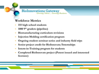BioInnovations Gateway
                   Growing Talent… Growing Business


Workforce Metrics
   155 high school students
   1000 9th graders (pipeline)
   Biomanufacturing curriculum revisions
   Injection Molding certification program
   Ongoing student seminar series and industry field trips
   Senior project credit for BioInnovate/Internships
   Intern-in-Training program for students
   Completed BioInnovate project (Patent issued and interested
    licensee)
 