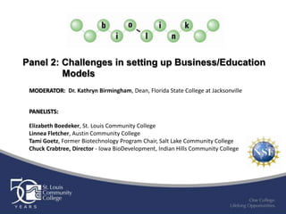 Panel 2: Challenges in setting up Business/Education
         Models
 MODERATOR: Dr. Kathryn Birmingham, Dean, Florida State College at Jacksonville


 PANELISTS:

 Elizabeth Boedeker, St. Louis Community College
 Linnea Fletcher, Austin Community College
 Tami Goetz, Former Biotechnology Program Chair, Salt Lake Community College
 Chuck Crabtree, Director - Iowa BioDevelopment, Indian Hills Community College
 