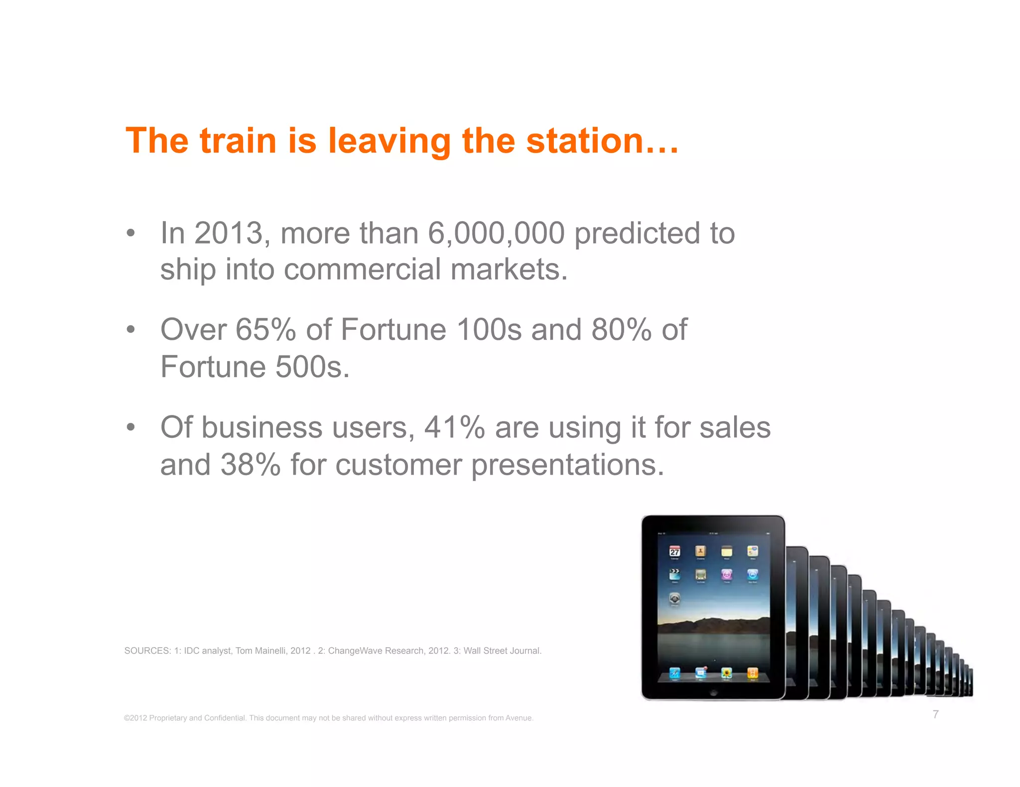 The train is leaving the station…

•  In 2013, more than 6,000,000 predicted to
   ship into commercial markets.
•  Over 65% of Fortune 100s and 80% of
   Fortune 500s.
•  Of business users, 41% are using it for sales
   and 38% for customer presentations.




SOURCES: 1: IDC analyst, Tom Mainelli, 2012 . 2: ChangeWave Research, 2012. 3: Wall Street Journal.




©2012 Proprietary and Confidential. This document may not be shared without express written permission from Avenue.   7
 