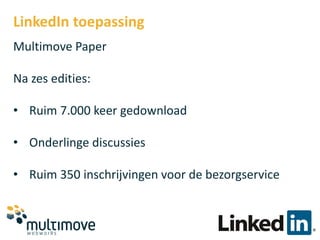 LinkedIn toepassing
Multimove Paper

Na zes edities:

• Ruim 7.000 keer gedownload

• Onderlinge discussies

• Ruim 350 inschrijvingen voor de bezorgservice
 