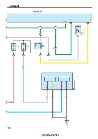 F



                                 (Cont'd)


                  IG1 NO.2 Relay
                                                                                  5 3A
                                                1      2
                                                                                  34 3C
                                                10A DRL
                                                                                  40 3C
                  IG1 NO.4 Relay
                                                1      2
                                                                                  3 3A
                                              10A SEAT HTR RH
                                               1       2
                                                                                  5 3D
                                             10A SEAT HTR LH
                                                                                  21 3C
                  IG1 NO.3 Relay
                                                1      2
                                                                                  32 3A
                                              10A HEATER
                                                                                  22 3C
                                                                                  25 3C
12 3A
                                                                                  23 3C
13 3A
                                                                                  39 3C
                                                                                  38 3C
                    1      2
                                                                                  35 3A
                    7.5A OBD
                    1      2
                                                                                  9 3A
18 3B               7.5A STOP
                     1      2
7 3B                                                                              8 3B
                  7.5A HEATER-S
                                                                                  9 3B
                    1      2
4 3C                                                                              11 3C
                   10A ECU IG2
                                                                                  18 3A
                                                                                  39 3A
                                                                                  19 3B
                    1      2
                                                                                  2 3A
                   7.5A GAUGE
                                                                                  37 3A
                                                                                  40 3B
                                                                                  16 3A
                                                                                  17 3A
                    1      2
                                                                                  1 3C
                   15A AT UNIT




        11 15      2               32   30            6 7       5 29 4 28 8 9
        GND STR   KSWD             BMPX              ACT+         ACTR ACTD ACC
                                                               ACTP  TR+   IG

                                       Main Body ECU


                         (Cont. Next Page)




                                                                                          33

                        BRZ (G4400BE)
 