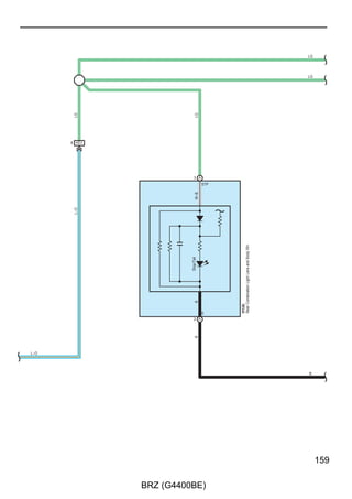 G ELECTRICAL WIRING ROUTING
                               Position of Parts in Instrument Panel

                                D8   D9   D11   D17   D16   D13   D29   D14   D30   D39   D38




D7

D12

D18
                                                                                                                            D21
D24
                                                                                                                            D20
D6
                                                                                                                            D23
D5
                                                                                                                            D22
D1
                                                                                                                            D26




                          D2    D3   D4   D10   D19   D25   D27   D28   D31   D35   D36   D32   D33   D34



D1    Option Connector                                        D21       No. 1 Heater Control Sub-Assembly
D2    Light Control Rheostat                                  D22       No. 3 Heater Control Sub-Assembly
D3    Headlight Leveling Switch                               D23       No. 3 Heater Control Sub-Assembly
D4    Luggage Door Opening Switch Assembly                    D24       Heater Control Sub-Assembly
D5    Main Body ECU                                           D25       Engine Switch
D6    Main Body ECU                                           D26       Indoor Electrical Key Oscillator Assembly
D7    Combination Meter Assembly                              D27       Airbag Control Module
D8    Junction Connector                                      D28       Shift Lever Position Sensor (Floor Shift Control Lever)
D9    Junction Connector                                      D29       Option Connector
D10   DLC3                                                    D30       Passenger's Airbag Module
D11   Radio Receiver Assembly                                 D31       Parking Brake Switch Assembly
D12   Radio Receiver Assembly                                 D32       Seat Heater Switch LH
D13   Radio Receiver Assembly                                 D33       Seat Heater Switch RH
D14   Radio Receiver Assembly                                 D34       No. 2 Power Outlet Socket Assembly
D16   Junction Connector                                      D35       Pattern Select Switch Assembly
D17   Junction Connector                                      D36       Shift Position Indicator
D18   Clock Assembly                                          D38       Front No. 3 Speaker Assembly RH
D19   A/C Amplifier Assembly                                  D39       Front No. 2 Speaker Assembly RH
D20   A/C Amplifier Assembly




40

                                                BRZ (G4400BE)
 