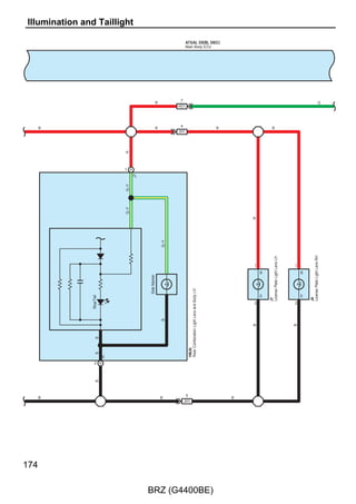 1                                                                                                                                1
  W                                                                                                                                             B–R
          1C                                                                                                                               1B

W–G(∗3)                                                               25A D FR DOOR

                                                                  1                   2

SB(∗3)
                                                                      25A ABS NO. 2
 W(∗3)
                                                                  1                   2




                                                                      25A D FL DOOR                                    50A HEATER

                                                                  1                   2                            1                   2         R
                                                                                                                                           1
                                                                                                                                                (∗1)

                                                                        25A D–OP                                        30A RR DEF

                                                                  1                   2                            1                   2




                                                                        25A CDS

                                                                  1                   2

                                                                                                                       40A ABS NO. 1

                                                                                                                   1                   2
                                 ∗ 1 : Manual A/C
                                 ∗ 2 : w/ Smart Entry  Start System
                                 ∗ 3 : w/o Smart Entry  Start System




                                                                                                                                                W–G
 G–O                                                                                                                                            (∗3)
 (∗2)
                                                                                                                                                SB
                           34 AD2                                                                                                               (∗3)

                                                                                                                                                SB
                                                                                                                                                (∗2)
                                   (∗2)




                                                           (∗2)




                                                                                          (∗2)
                                                      SB




                                                                                    W
                             V




                            9 C                      4 B                           6 B
                                                                                                 D41(B), D48(C)
                             IG2D                     ACCD                            IG1D       Certification
                                                                                                 ECU Assembly


                             SSW1             SSW2                                  AGND                                                        W
                            28 B            30 B                                   24 B                                                         (∗3)

                                                                                                                                                W
                                   (∗2)




                                                   (∗2)




                                                                                          (∗2)
                                              BE
                             P




                                                                                    B




                                                                                                                                                (∗2)

                             5                 1                                      6
                                                                                                   D25
                                   SSW1            SSW2                                   AGND     Engine Switch

                              SS1              SS2                GND

                 Free

               Full
               Traveling




                                                                                                                                                       55

                                                                       BRZ (G4400BE)
 