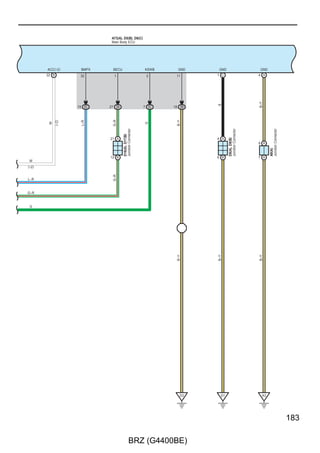 Engine Immobiliser System (w/ Smart Entry  Start System), Smart Entry  Start System, Starting (w/ Smart Entry  Start
System), Steering Lock (w/ Smart Entry  Start System) and Wireless Door Lock Control (w/ Smart Entry  Start System)



       (BAT)                (IG)           (BAT)                          D40(A), D41(B), D48(C)
                                                                          Certification ECU Assembly
                  7. 5A            7. 5A             7. 5A
                  STR              GAUGE             AM2 NO. 2
                  LOCK


          2                 2               2
                                                                     +B              IG2                 SLP        SLR+     LIN
              1                                  1                2 C              5 B                 26 B      29 B      17 B

                          40 3B    37 3A



                                           R–W
                           BR
       SB




                                                                                                        LG




                                                                                                                            W
                                                                   R
                                    Y




                                                                                   Y




                                                                                                                   Y
     35 AD2                                                      33 AD2


                                                                                                                                                           W


                                                                   R–W
                                                                                                                                                          (∗1)


                                                                                                                                                         R–W
       SB




                                                                                                                                                          (∗1)




                                                                                                                            W
                                                                                    6                   4           3       5
                                                                                    IGN1                 SLP        SLR+     LIN
                                                                                        D59
                                                                                        Steering Lock Actuator Assembly
                                                                                        B                                   GND
                                                                                    7                                       1
                                                                                   SB




                                                                                                                            B



                                                                                                                                   Junction Connector


                                                                                                                           10 B
                                                                                                                                   D8(A), D9(B)




                                                                                                                           7 A

     G–O                                                                                                                                                  G–O
                                                                                                                            B




 W–R(A/T)                                                                                                                                               W–R(A/T)




 Y–P(M/T)                                                                                                                                               Y–P(M/T)
                                                                                                                            B




     G–Y                                                                                                                                                  G–Y

      Y                                                                                                                                                    Y

     G–W                                                                                                                                                 G–W

     GR–R                                                                                                                                                GR–R



                                                                                                                             D1




64

                                                             BRZ (G4400BE)
 