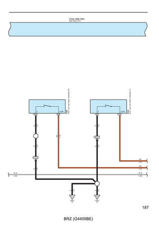 Engine Immobiliser System (w/ Smart Entry  Start System), Smart Entry  Start System, Starting (w/ Smart Entry  Start
System), Steering Lock (w/ Smart Entry  Start System) and Wireless Door Lock Control (w/ Smart Entry  Start System)



                                                   D40(A), D41(B), D48(C)
                                                   Certification ECU Assembly




           POS1        TSW1           SEN1    CLG1           CG1B                                     RCO                     RDA      RSSI
         19 B        20 B        22 B        12 B          13 B                                      5 A                  17 A        19 A




                                                            BR




                                                                                                     LG
                       G




                                                                                                                                       R
          V




                                              Y




                                                                                                                              P
                                      L




         5 ED2       2 ED2       1 ED2       4 ED2        3 ED2                                   47 HD1                 45 HD1      46 HD1
          W–B




                       Y–B




                                                                                                                                       BR
                                              SB
                                      W




                                                                                                                              G
                                                            R




                                                                                                     Y
                                                                                                   10 B                       9 B      6 B (∗23)
           5            1             4        6             3                                      4 A                       5 A      2 A (∗24)
                B      TRG+           SENS    ANT1           ANT2                                      +5                     DATA     RSSI




                                                             GND                                                                        GND
          E1                                                 2                                   H26(A)                               12 B (∗23)
          Electrical Key Antenna LH                                                              Door Control Receiver                 1 A (∗24)
          (Front Door Outside                                                                    H28(B)
           Handle Assembly LH)                                                                   Tire Pressure Warning
                                                                                                 ECU and Receiver
                                                                                                 (Door Control and Tire
                                                            B




                                                                                                  Pressure Monitoring
                                                                                                  System Receiver Assembly)




                                                                                                                                       B
                                                            B




                                                                                ∗23 : w/ Tire Pressure Warning System
                                                                                ∗24 : w/o Tire Pressure Warning System



                                                          6 ED1
                                                            B




     B
                                                                                                                                       B
                                                            B




                                                                                B




                                                              D1                  D4                                                    H3




68

                                                                    BRZ (G4400BE)
 