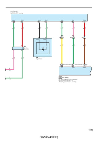 Engine Immobiliser System (w/ Smart Entry  Start System), Smart Entry  Start System, Starting (w/ Smart Entry  Start
System), Steering Lock (w/ Smart Entry  Start System) and Wireless Door Lock Control (w/ Smart Entry  Start System)



                                                                                   D40(A), D41(B), D48(C)
                                                                                   Certification ECU Assembly




         CLG8                      CG8B                  TSW5                                        P                                                                       IG1D   ACCD
        2 A                        1 A             27 A                                       25 B                                                                           6 B    4 B




                                                                                                         (A/T)
                                                                                               Y




                                                                                                                                                                             W
        BR




                                   Y




                                                         Y
                                                                                             28 3D
                                                                                                                                                                                           SB

                                                29 HD1

     26 HD1                   25 HD1                     GR                                  23 3D




                                                                                                         (A/T)
                                                                                               W–L
                                                  6 JH1
        Y–B




                                   V




                                                         GR




                                                         2                                      2




                                                                                                                                               Shift Lever Position Sensor
         1                          2




                                                                                                                                               (Floor Shift Control Lever)
                                                                                                         STR
                                                         BR




              ANTE8                      ANT2
                                                                                                                 Park–Switch
                                                                Back Door Opener
                                                Opener




                                                                Switch Assembly
                                                         BR




                                                                                                                                               D28
     H3                                                                                                                  E
                                                                J2




     Rear Electrical Key Antenna                         1                                                          3
                                                                                                                         (A/T)
                                                                                                                   B–Y
                                                         B




                                                                                                                   1 B
                                                                                                                                 D9(B)
                                                                                                                                 Junction Connector

                                                                                                                   6 B
                                                         B




                                                                                                                                                                                           W




                                                  5 JH1
                                                         B




                                                                                                                         (A/T)
                                                                                                                   B–Y
                                                         B




                                                          H1                                                         D1




70

                                                              BRZ (G4400BE)
 
