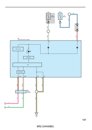 Engine Immobiliser System (w/ Smart Entry  Start System), Smart Entry  Start System, Starting (w/ Smart Entry  Start
System), Steering Lock (w/ Smart Entry  Start System) and Wireless Door Lock Control (w/ Smart Entry  Start System)


                                                                                          A73(A), D5(B), D6(C)
                                                                                          Main Body ECU




                                                                                                                 ACT+                          ACTP
                                                                                                                 6                             5
      (BAT)


                 20A
                 D/L
                                                                                                                        A DR                          P DR UNLOCK
                                                                                                                        LOCK/SET                      Relay
                                                                                                                        Relay
         2

             1
      LG




                       6 3C   13 3A   12 3A                                                           3 3B                         4 3B




                                                                                                                                    L–W
                               B




                                       B




                                                                                                       L



                                                                                                      2 FD1                        3 FD1




                                                                                                                                    LG
                                                                                                       R
                                                      Door Lock with Motor Assembly RH




                                                                                         8 B          4 B                          1 B
                                                                                               E            L                             UL

                                                                                                                            M
                               B




                                               B




                                                      F3(B)




                                                                                               LSSR
                                                                                         7 B
                                                                                         BR
                                               B




                                              6 FD1

                                                                                                                                                                    BR
                                               B




     R                                                                                                                                                              R

     G                                                                                                                                                              G

     P–G                                                                                                                                                        P–G


                                        B
                               B




                                               B




                                 D1             D4




78

                                                      BRZ (G4400BE)
 