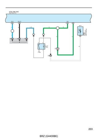 Engine Immobiliser System (w/ Smart Entry  Start System), Smart Entry  Start System, Starting (w/ Smart Entry  Start
System), Steering Lock (w/ Smart Entry  Start System) and Wireless Door Lock Control (w/ Smart Entry  Start System)



                          (IG)                             (BAT)


                                     7. 5A                                7. 5A
                                     GAUGE                                MPX–B


                          2                                2

                      2 3A                                      1




                                                          L–R
                         W–G




                                                          L–R
                                                         19 3C




                                                         17 3B
                         W–G




                                                          R–W




                          2                                1
                               IG+                                  B
                                                                                    Electrical Key




                                                          Buzzer




                                                                                    LED Driver
                                                                                                     Combination Meter Assembly




                                                   CPU




                         CAN Driver
                                                                                                     D7




                          CANH              CANL                    ES2             ES1
                     6                7                   40                 20
                                     BR–W




                                                          B–Y




                                                                              B–Y
                    BR




      BR
                                                          B–Y




     BR–W



                                                            D3




84

                                                         BRZ (G4400BE)
 