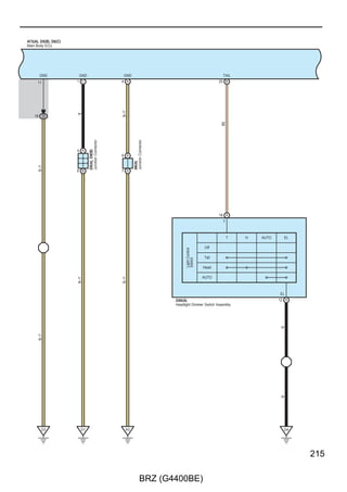 Ignition
        : Parts Location
   Code                     See Page               Code                 See Page            Code        See Page
 A35    C        42                                C27        38                            C38    38
 A36    D        42                                C28        38                            C39    38


        : Relay Blocks
 Code            See Page      Relay Blocks (Relay Block Location)
  1         24                 Engine Room R/B (Engine Compartment Right)


        : Connector Joining Wire Harness and Wire Harness
 Code            See Page      Joining Wire Harness and Wire Harness (Connector Location)
 AC1        46                 Engine Room Main Wire and Engine Wire (Engine Unit)


        : Ground Points
 Code            See Page      Ground Points Location
  C1        46                 Engine Unit




96

                                                        BRZ (G4400BE)
 