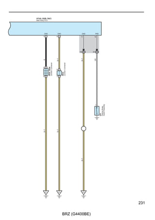 Cruise Control, Electronically Controlled Transmission and A/T Indicator
(A/T), Engine Control, Shift Indicator (M/T) and Shift Lock

      V                                                                                            V

 (Shielded)                                                                                    (Shielded)

 (Shielded)                                                                                    (Shielded)



                             C1(A), C2(B), C3(C), C4(D)
                             Injector Driver (EDU)




                                                 IJ1–      IJ1+
                                                2 C       5 C

 W–R(A/T)




                                   (Shielded)
   O–W




                                                W




                                                          R
    BR




                                                                  Fuel Injector Assembly
                                                          1




                                                                   Injection No. 1)
   B–L




                                                                  (for Direct



                                                                                           B
                                                                  C11
                                                          2



                                                                                                   B

   BR–B                                                                                          BR–B

  BR–W                                                                                          BR–W




                                                                                                 O–W

                                                                                               W–R(A/T)

                                                                                                  BR




                                                                                                 B–L

 LG–R(∗1)                                                                                      LG–R(∗1)

      O                                                                                            O

   B–P                                                                                           B–P

 G–Y(∗1)                                                                                       G–Y(∗1)

   Y(∗1)                                                                                         Y(∗1)

  R(A/T)                                                                                        R(A/T)

 G–W(∗1)                                                                                       G–W(∗1)

 GR–R(∗1)                                                                                      GR–R(∗1)

   Y(∗2)                                                                                         Y(∗2)

 (Shielded)                                                                                    (Shielded)

      B                                                       B

      R                                                                                            R




112

                            BRZ (G4400BE)
 