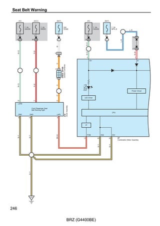 A73(A), D5(B), D6(C)
   Main Body ECU                                                 (IG)              (ACC)                  (IG)                           (BAT)               (BAT)


                                                                        10A                    10A                         7. 5A                   7. 5A                7. 5A
                                                                        ECU IG1                ECU ACC                     BK/UP                   MPX–B                ECU–B
                                                                                                                           LP

   ACC(∗1)         ACC                IG
                                                             2                      2                     2                               2                   2
  22 B             9                 8

                                                                                                                                               1                   1
           (∗1)
   W




                                                                                  28 3B                  2 3C




                                                                                                               (M/T)




                                                                                                                                                             G–R
                                                                                                         R–L




                                                                                                                                         L–R
                                                                                        (∗1)
                                                                                   W
                          ∗ 1 : w/ Smart Entry  Start System
                          ∗ 2 : w/o Smart Entry  Start System




                                                                                                               (M/T)
                                                                                                         R–L
                                                                                                          2




                                                                                                                       Switch Assembly
                                                                                                                       Back–Up Light
                                                                                                                                                           25 AD2




                                                                                                                       A53
                                                                                                          1

   V




                                                                                                                                                             G–R
 (M/T)

  L–R


  G–R


   G                                                                                                                                                                      G


  Y–B                                                                                                                                                                    Y–B
(∗2 A/T)                                                                                                                                                               (∗2 A/T)




   O                                                                                                                                                                      O


  B–P                                                                                                                                                                    B–P


 L(A/T)                                                                                                                                                                 L(A/T)




B–W(A/T)                                                                                                                                                               B–W(A/T)




   R                                                                                                                                                                      R




                                                                                                                                                                               127

                                                                        BRZ (G4400BE)
 