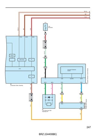 Cruise Control, Electronically Controlled Transmission and A/T Indicator
(A/T), Engine Control, Shift Indicator (M/T) and Shift Lock

             (BAT)                             (ACC)


                     15A                                       10A
                     HAZ                                       ECU ACC


             2                                  2

                                              27 3B
                 1


                                                                                                             ∗ 2 : w/o Smart Entry  Start System




                                                    (∗2 A/T)
                                               R
                            Y–B                                                                                            G
                           (∗2 A/T)                                                                                     (∗2 A/T)
             G




                                                                                                                                                       Key Inter Lock Solenoid
                                                                                                                                                       (Ignition Switch Lock
                                                                                                                                                        Cylinder Assembly)
                                      4         6                              5                                                       2
                                          P     ACC                           KLS+




                                                                                                   Shift Lock Release
                                                                                                   Button Cover




                                                                                                                                                       D60
                                                                                                                                       1



                                                                                                   D42
                                                                                    E
                                                                               1




                                                                                                                                            (∗2 A/T)
                                                                                                                                      B–Y
                                                                                                                                    1 DD1
                                                                                        (∗2 A/T)
                                                                              B




                                                                                                                                            (∗2 A/T)
                                                                                                                                      B–Y
                                                                          2 A                                                        3 A
                                                               D8(A), D9(B)




      G
                                                               Connector
                                                               Junction




   Y–B                                                                    6 B
  (∗2 A/T)
                                                                                        (∗2 A/T)
                                                                              B–Y




      O                                                                                                                                                                             O


   B–P                                                                                                                                                                             B–P


  L(A/T)                                                                                                                                                                          L(A/T)




 B–W(A/T)                                                                                                                                                                        B–W(A/T)




      R                                                                                                                                                                             R




                                                                                D1




128

                                              BRZ (G4400BE)
 