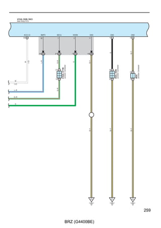 DLC3

                                                        (BAT)              (IG)


                                                                7. 5A             10A
                                                                OBD               ECU IG2


                                                        2                  2

                                                      35 3A             18 3A




                                                       W–B




                                                                          L–Y
                                                                                            D10
                                                       16                  8                DLC3
                                                        BAT                IG2




                                                         CG                 SG
                                                        4                  5
                                                       B–Y




                                                                          R




                                                                        5 AD2
                                               B–Y
                                                                          W
                                                                          W
                          Junction Connector




                   1 A
                          D8(A), D9(B)




                                                                        37 AC1


                   6 B
                   B–Y




                                                       B–Y




                                                                          B




           B   B




      D4             D1                                  D3                 C1




140

                                                     BRZ (G4400BE)
 