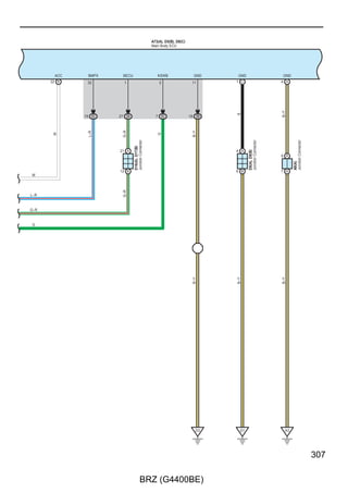Interior Light

                                             A73(A), D5(B), D6(C)
                                             Main Body ECU




           LSFD          LSFP           TSW5                         CANL                    CANH
          11 C          12 C            12                          13 B                   14 B




                                      26 3D




                                                                           (∗2)




                                                                                                  (∗2)
                                                                     LG




                                                                                             P
                                              (∗30)
                 (∗2)




                               (∗2)
                         SB




                                        SB
           W




          6 ED2         6 FD2         19 HD1
                                              (∗30)
                                        W–B
                 (∗2)




                               (∗2)
           BR




                         BR




                                                                                                                            P
                                                                                                                           (∗2)




                                                                                                                           LG
                                                                                                                           (∗2)




                                                                                  ∗ 2 : w/ Smart Entry  Start System
                                                                                  ∗ 4 : w/ Tire Pressure Warning System
                                                                                  ∗ 5 : w/o Tire Pressure Warning System
  BR                                                                              ∗30 : w/ Luggage Compartment Light

  (∗2)

  BR
  (∗2)

  W–B
  (∗30)




188

                                      BRZ (G4400BE)
 